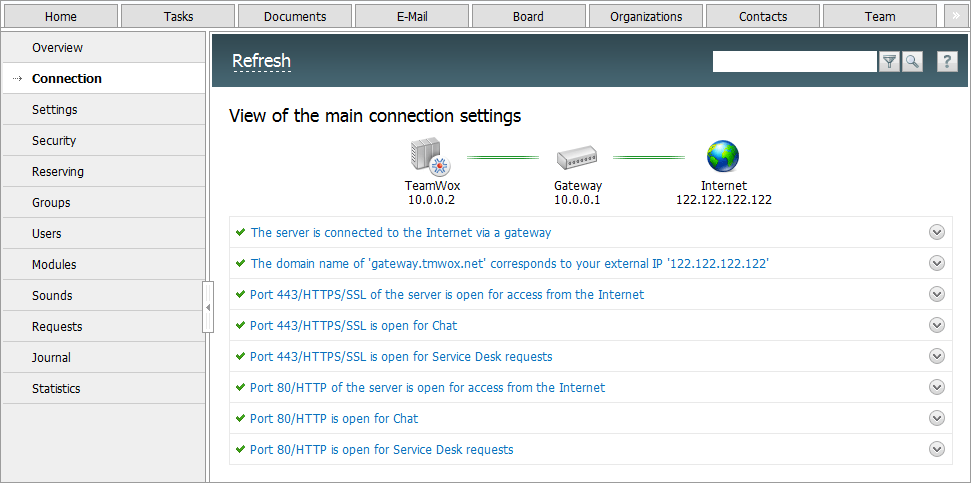 Diagnostics of TeamWox connection to the Internet