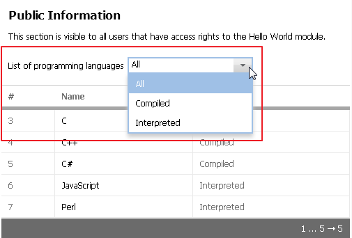 Filtering by category control (dropdown list)