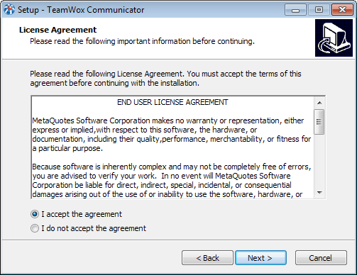 Read the license agreement to install TeamWox Communicator