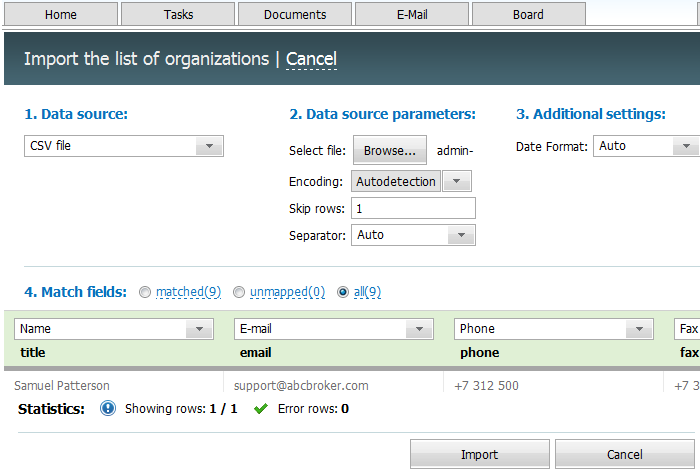 Import of organizations in TeamWox