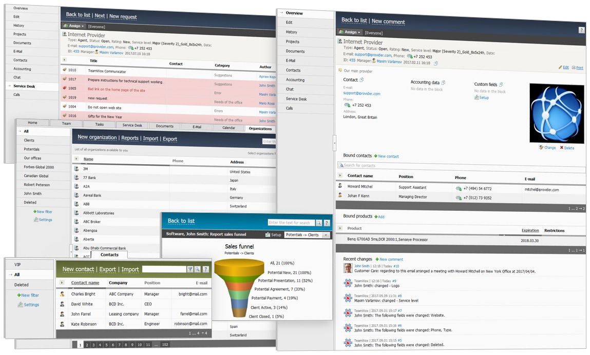 TeamWox CRM stores addresses, phone numbers and contacts of your counterparties. The history of relationships, documents, correspondence and requests are saved here as well