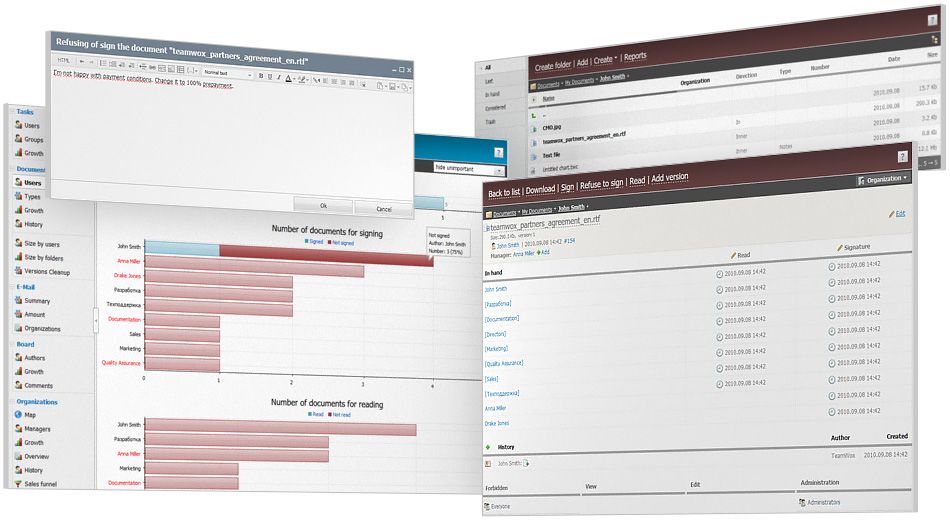 How does document management work in TeamWox?