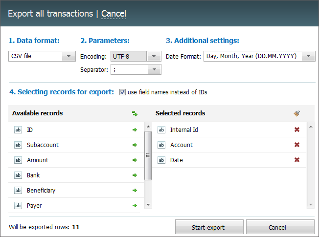 Export of transactions