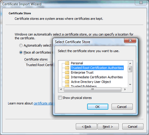 Certificate import wizard